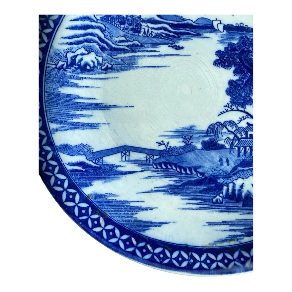 Vintage Japanese Blue & White Porcelain Serving Platter 12.25” Landscape Plate